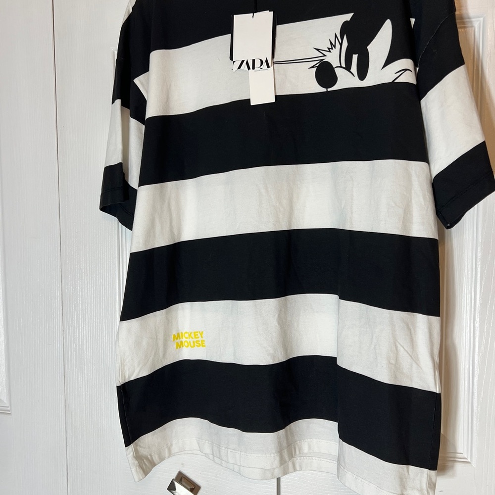 Zara Men's Black & White Striped Mickey Mouse T-Shirt